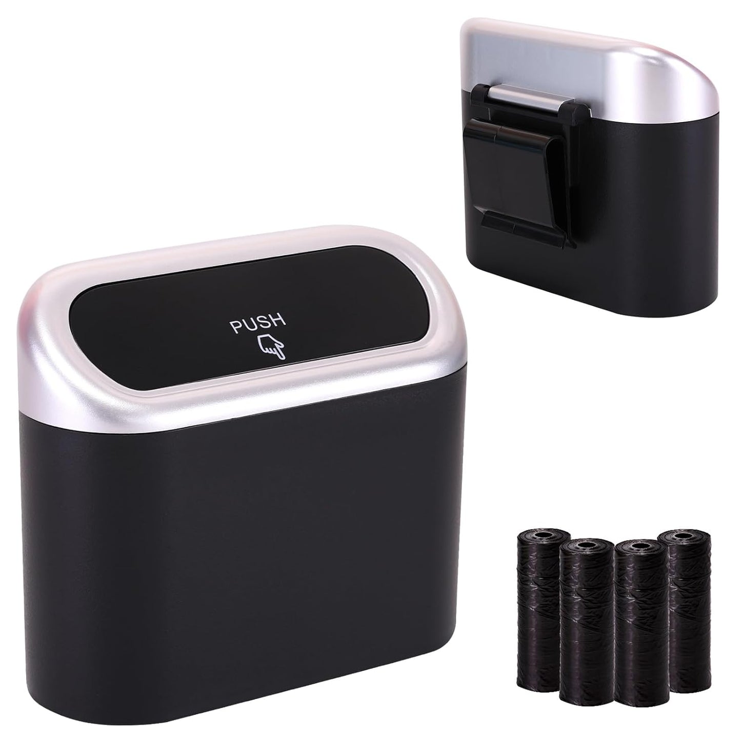Ginsco 2 Pack Mini Car Trash Can with Lid, Small Car Garbage Can, Cute Leakproof ABS Trash Bin, Cars Accessories for Interior, Garbage Bin for Car, Home, Office with 120pcs Trash Bags Black