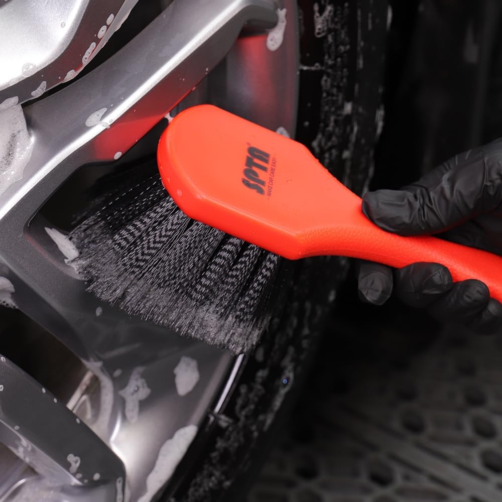 SPTA 8Pcs Wheel & Tire Brush Car Detailing kit, Easy Reach Wheel and Rim Brush, 5pcs Detailing Brushes, Short Handle Cleaning Brush, 1pc Microfiber Cleaning Cloth, Great to Clean Dirty Tires
