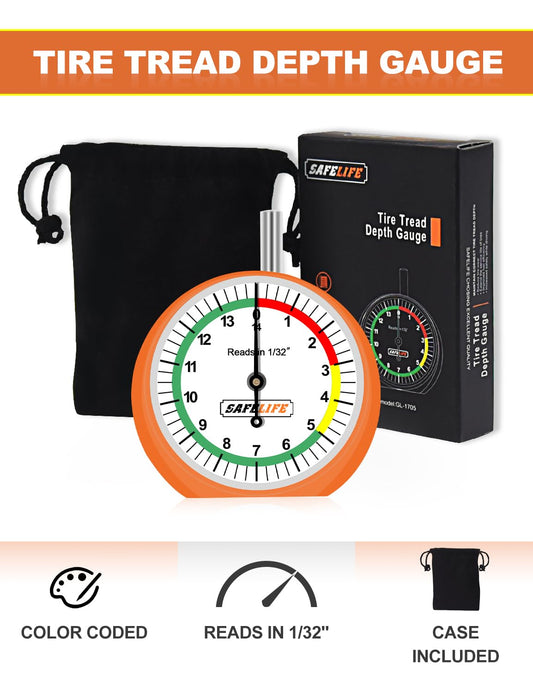 SAFELIFE Tire Tread Depth Gauge, Dial Type Tire Depth Gauge with Color Coded Reads in 1/32" Tread Depth Gauge Professional for Motorcycle, Car,Truck and Bus
