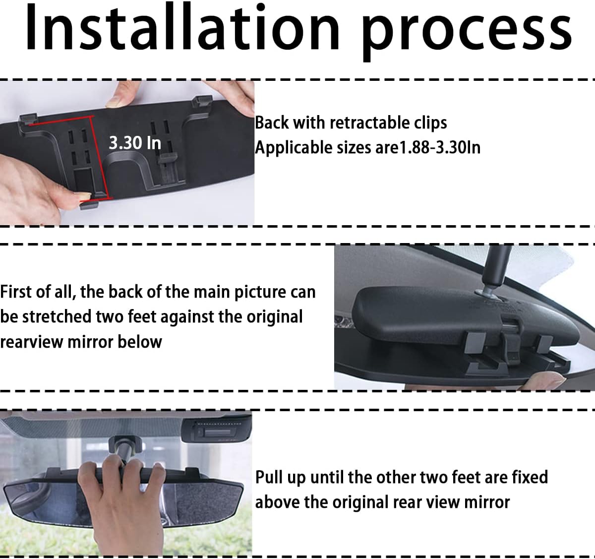 8sanlione Car Rearview Mirrors, Shock Resistant Interior Clip-on Panoramic Rear View Mirror for Car, Wide Viewing Range, 12 inch HD Universal Use for Cars, SUVs, Trucks, Vehicles (White)