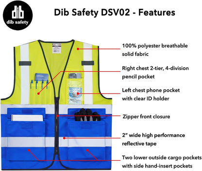 Dib Safety Reflective Safety Vest for Men Women, High Visibility Vest with Pockets and Zipper, ANSI Class 2