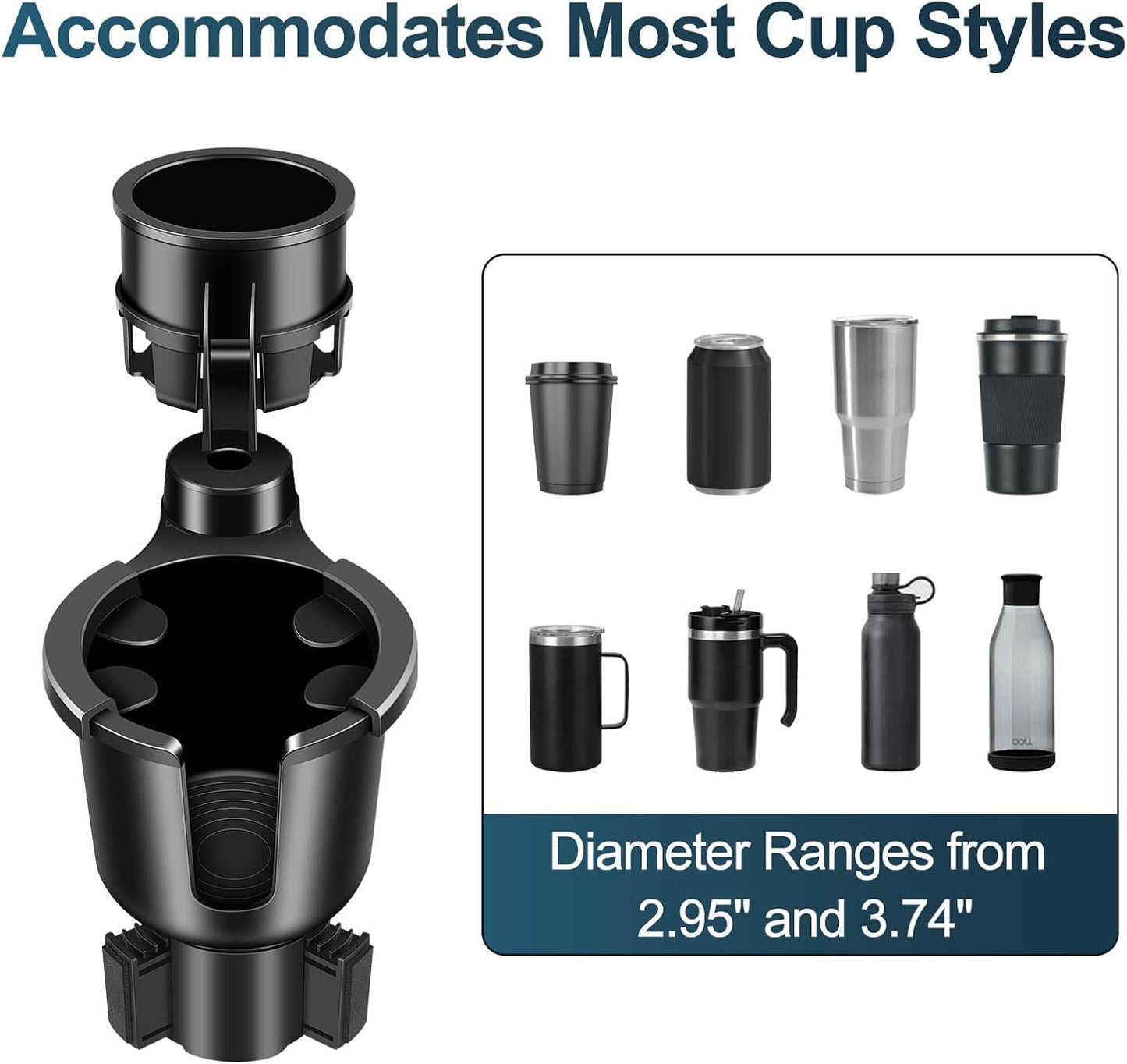 JPart Car Cup Holder Expander, Cup Holder Expander, Cupholder Expander with Adjustable Extension Base and 360° Rotation Design, Fits Mugs, Cups, Large Water Bottles in 2.9"-3.8" (10-46oz), Black