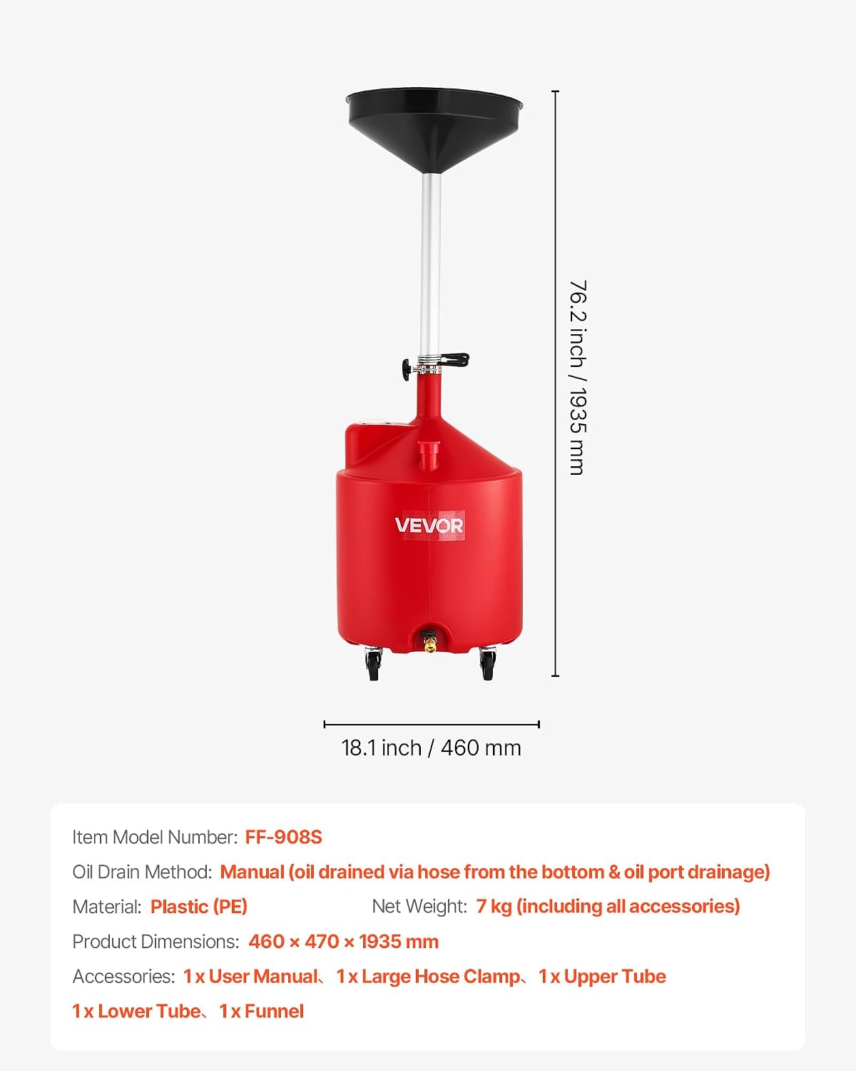 VEVOR Oil Drain Container, 20 Gallon Waste Oil Drain Tank, Portable Oil Lift Drain Pan Air Operated Drainer, Fluid Fuel Drainage Adjustable Funnel Height with Pressure Regulating Valve & Wheel