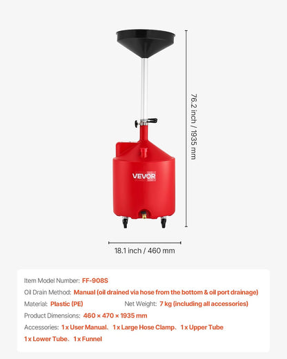 VEVOR Oil Drain Container, 20 Gallon Waste Oil Drain Tank, Portable Oil Lift Drain Pan Air Operated Drainer, Fluid Fuel Drainage Adjustable Funnel Height with Pressure Regulating Valve & Wheel