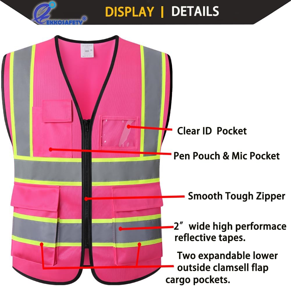 Reflective Mesh Safety Vest for Men Women with 5 Pockets and Zipper Front High Visibility Mesh Vest Hi Vis Construction Work Vest,Meets ANSI/ISEA Standards(EK175-Yellow-L)