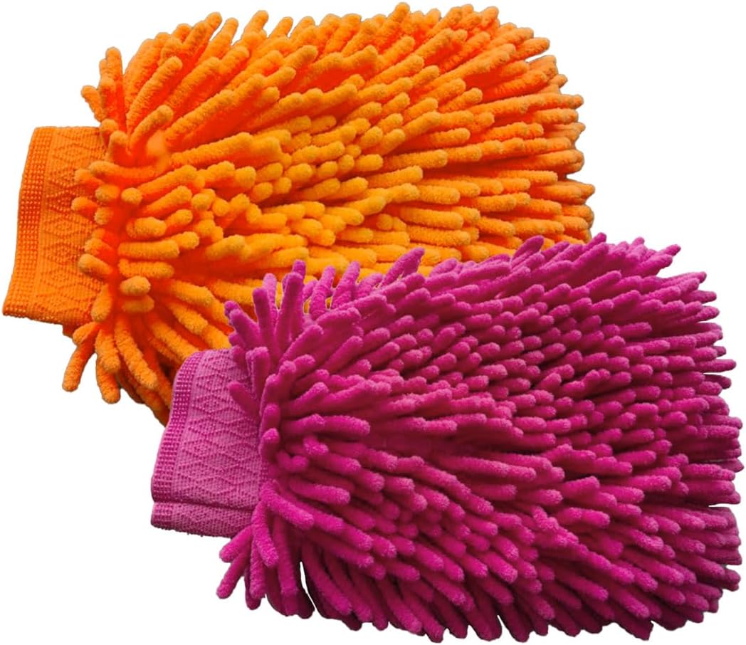 JOYCOURT 2PCS Microfiber Soft Chenille Car Wash Mitts, Scratch and Lint Free Car Dusting Glove, Double Sided Wash Mitt, Ultra Absorbent for Car Washing, Home Cleaning Mitt (Blue&Yellow)