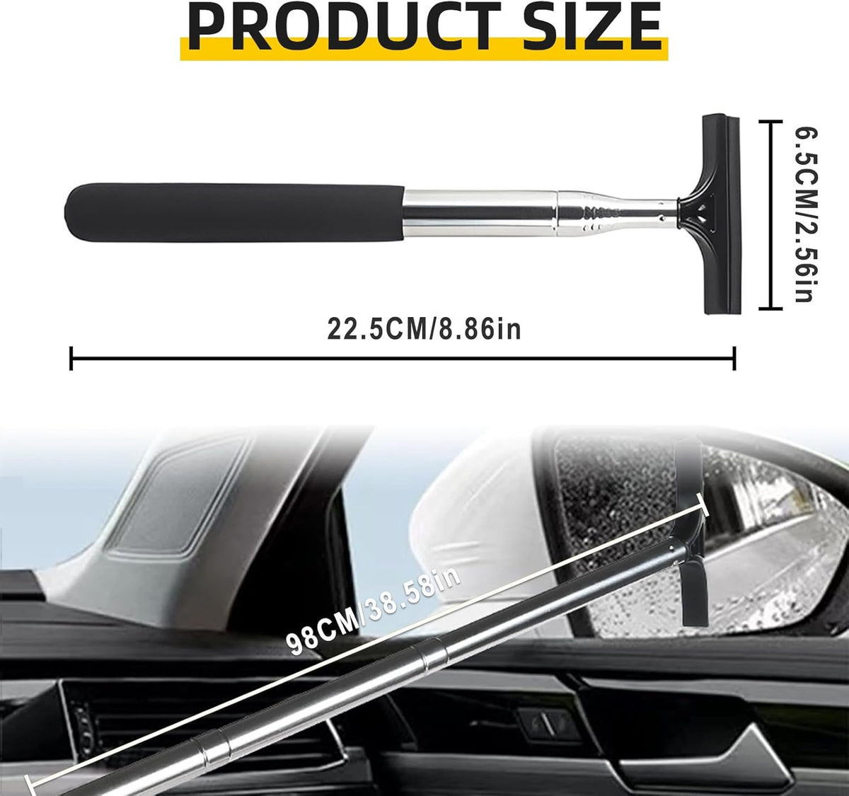 Car Rear View Mirror Wiper, 38.58 In Handle Car Window Squeegee, Retractable Auto Glass Squeegee, Portable Mirror Cleaner Tool for Auto Glass Water Removal Fog Snow (Black)