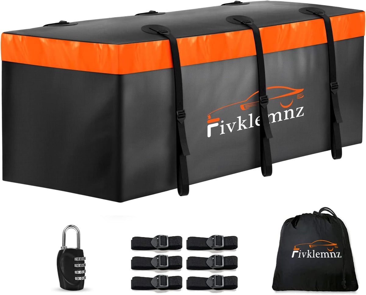 FIVKLEMNZ Car Rooftop Cargo Carrier Roof Bag Waterproof for All Top of Vehicle with/Without Rack Includes Topper Anti-Slip Mat + Reinforced Straps + 6 Door Hooks + Luggage Lock