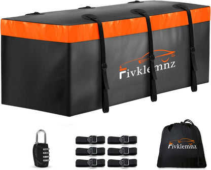 FIVKLEMNZ Car Rooftop Cargo Carrier Roof Bag Waterproof for All Top of Vehicle with/Without Rack Includes Topper Anti-Slip Mat + Reinforced Straps + 6 Door Hooks + Luggage Lock