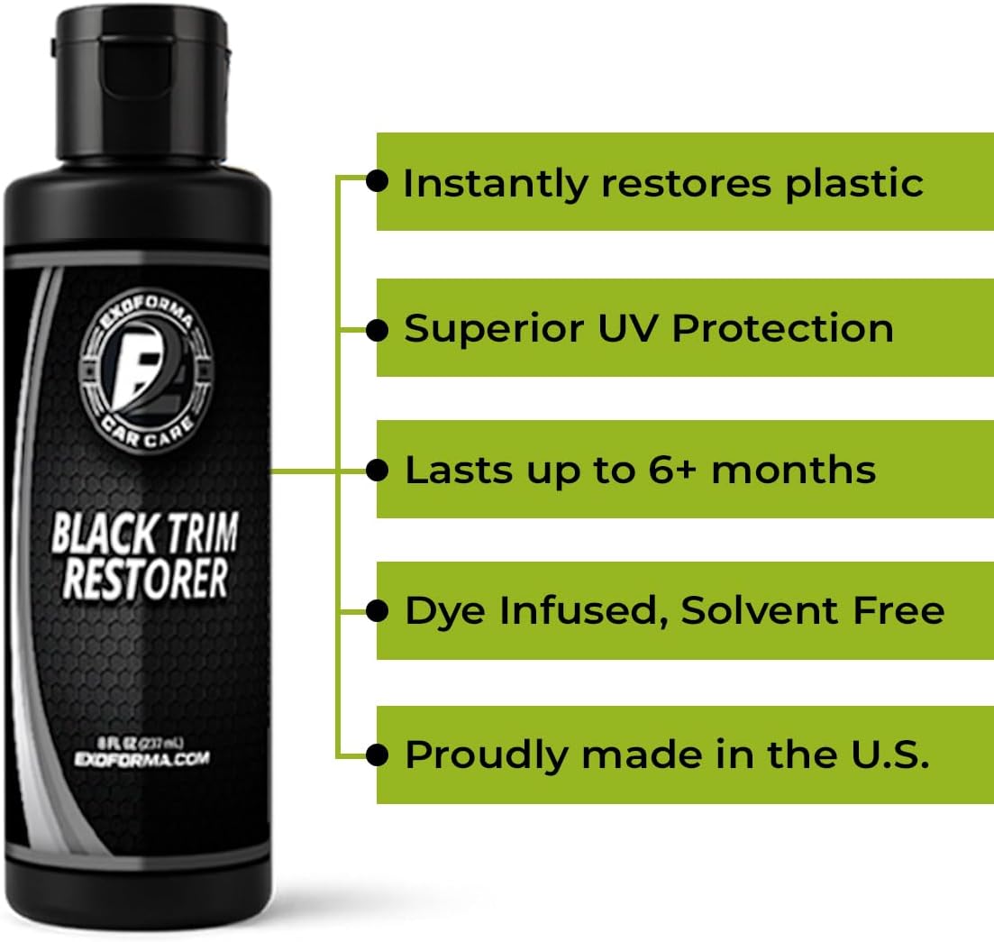 ExoForma Black Trim Restorer - Lasts 6+ Months, Dye Infused Waterproof Plastic Restorer for Cars - Perfect for Faded Bumpers, Trim & Vinyl on Jeeps, Truck Beds, Avalanches & ATVs | 4oz Kit
