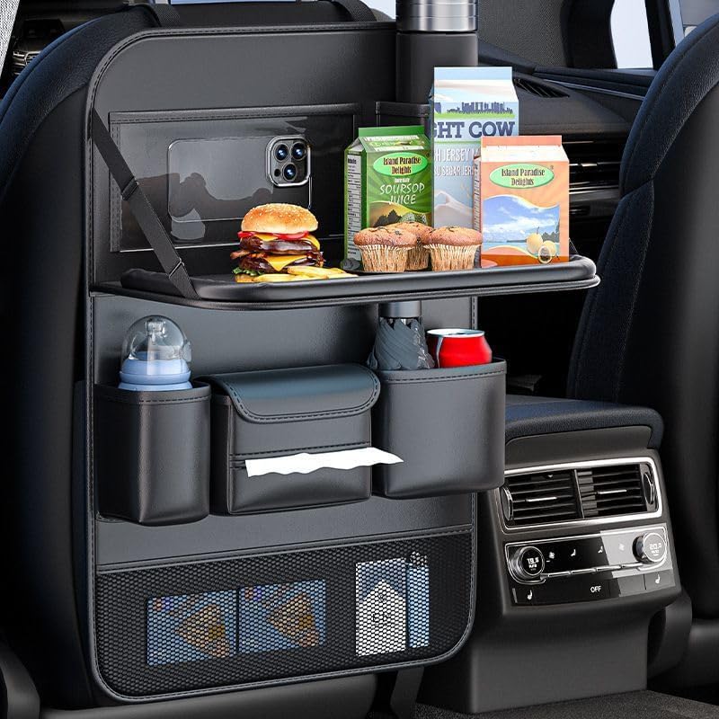 2 Pack Leather Car Backseat Organizer with Foldable Table Tray, Universal Car Seat Back Protector Kick Mat with Touchscreen Tablet Holder, Storage Pockets, Cup Holders & Tissue Holder, Black
