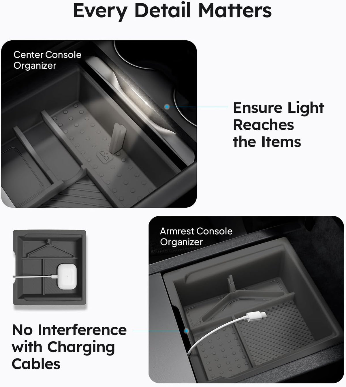 Wigoo Center Console Organizer for Tesla Model Y Juniper (Only Premium & Performance 2025 2026) and All Model 3 Highland Accessories [Double-Layer Storage, Smooth Sliding] 4PCS Black