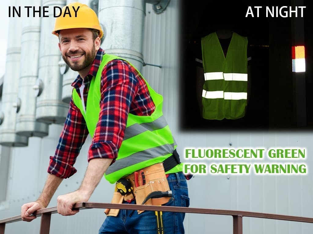 10PCS Safety Vests, Reflective High Visibility Vests, Hi Vis Safety Vests, High Vis Jacket with 2 Reflective Strips, for Traffic Work, Running, Surveyor and Security Guard (Universal Size)
