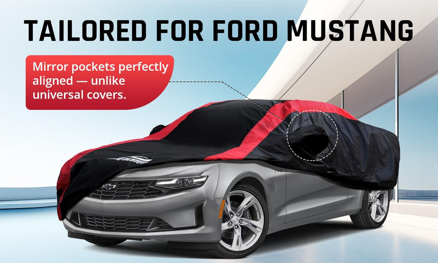 Car Cover Waterproof All Weather Protection with Red Stripe Design, Universal Fit Toyota Camry Solara, Ford Fusion, Kia Stinger Optima, Nissan Maxima, VW Passat, Subaru Legcy
