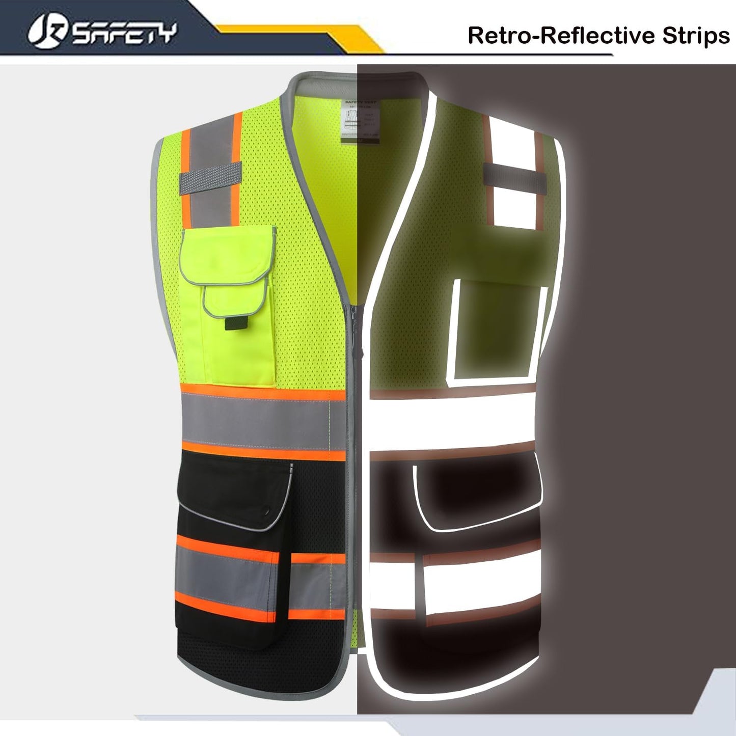 JKSafety 9 Pockets Class 2 High Visibility Zipper Front Safety Vest With Reflective Strips,Meets ANSI/ISEA Standard (Large, 150-Yellow) - Colors B