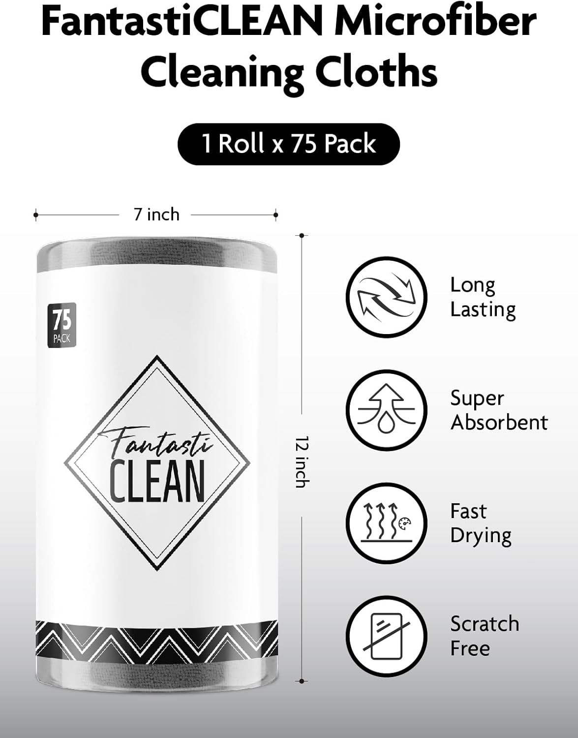 Fantasticlean Microfiber Cleaning Cloth Roll -75 Pack, Tear Away Microfiber Towels, 12" x 12", Reusable, Washable, Scratch Free, Ultra Absorbent for All-Around Cleaning Supplies (DimGray)