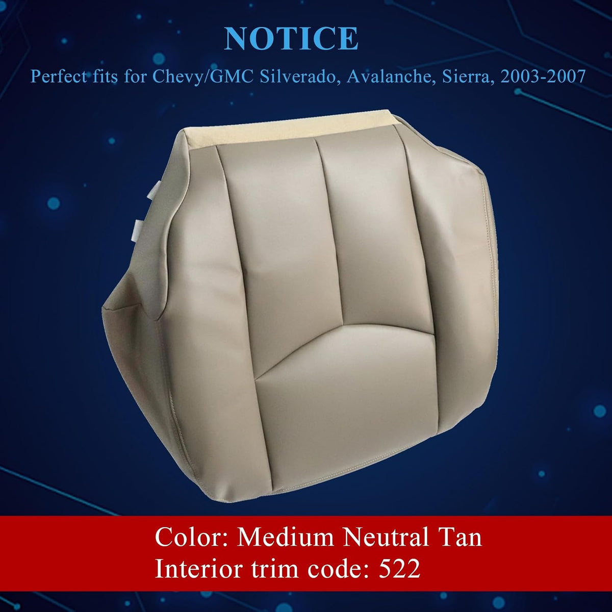NLQR #522 Light Tan Front Driver Bottom Replacement Seat Cover Microfiber Leather Compatible with Chevy Avalanche Tahoe Suburban GMC Yukon XL 2003 2004 2005 2006