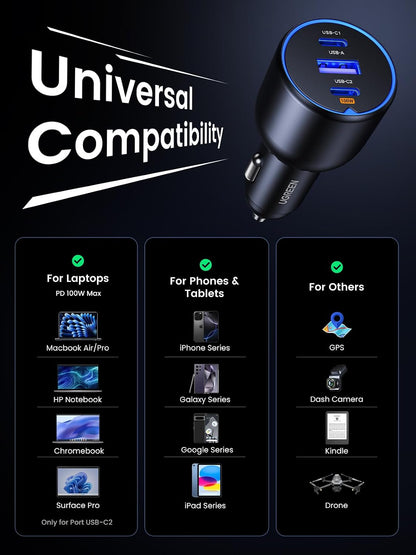 UGREEN 130W USB C Car Charger, PD 100W +PD 30W Type C Car Charger Adapter Compatible with iPhone 17/17 Air/17 Pro/17 Pro Max/16/15/14/13/12 Series, Galaxy S24 S23 Ultra, iPad, MacBook, and More