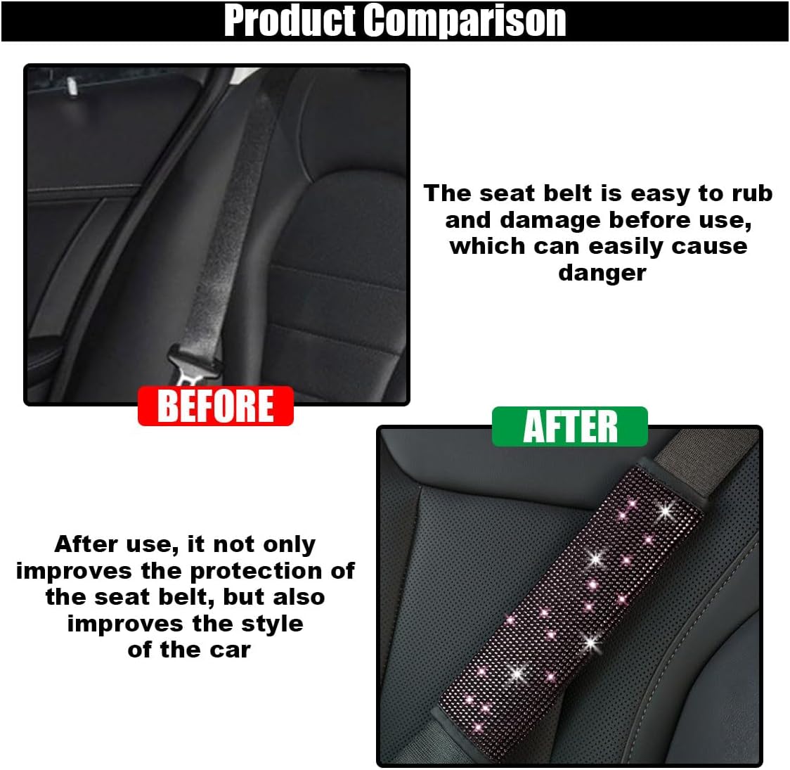 GLSOWEE 2PCS Bling Car Seat Belt Shoulder Pads, Bling Rhinestones Seat Belt Covers for Women, Car Seatbelt Strap Pad with Crystal Diamond, Car Interior Accessories for Car SUV (Black Diamond)