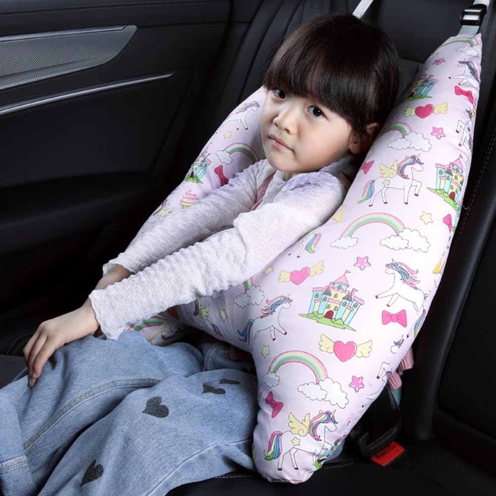 Travel Pillow Car Cushion for Kids 6 Years Old+ Shoulder Neck Back Support & Seat Belt Comfort, Road Trip Cozy Sleeping Gift for Young Travelers, Parents, Families, Baby Shower (Dinosaur Blue)