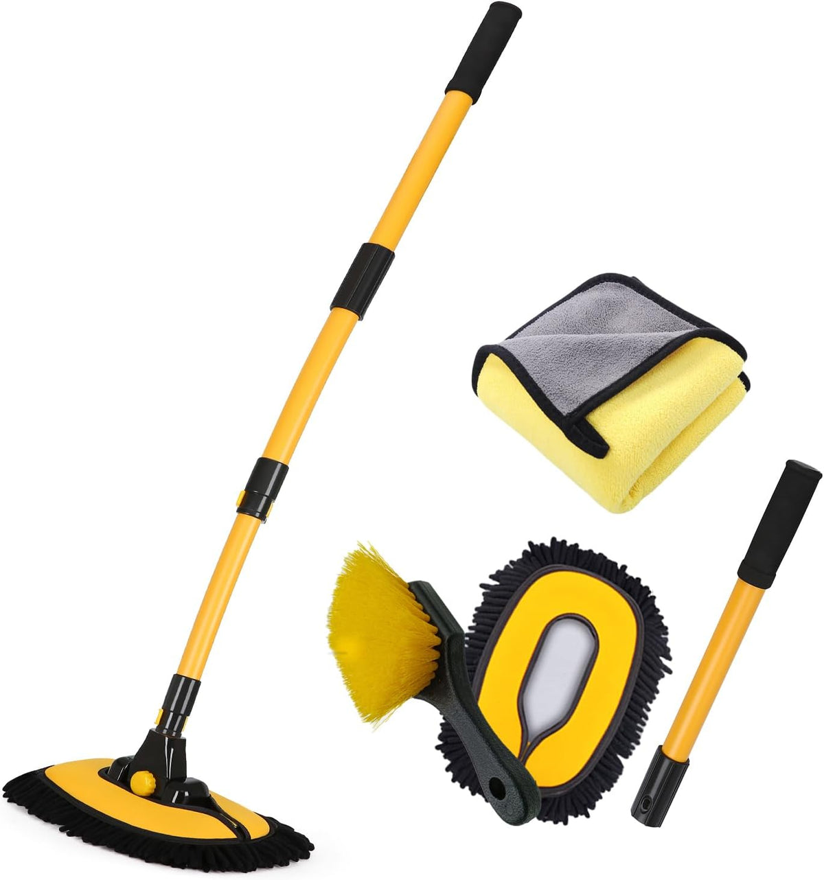 57'' Car Wash Brush with Long Handle Chenille Microfiber Car Wash Kit， Mitt Retractable Bent Pole Car Wash Brush for Cars RV Truck Boat (Yellow)