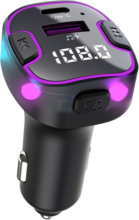 Bluetooth 5.3 Car Adapter, PD &QC3.0 Fast Charging FM Radio Transmitter for Car, Radio Bluetooth Receiver, Hands-Free Calling, U Disk & Colorful Light