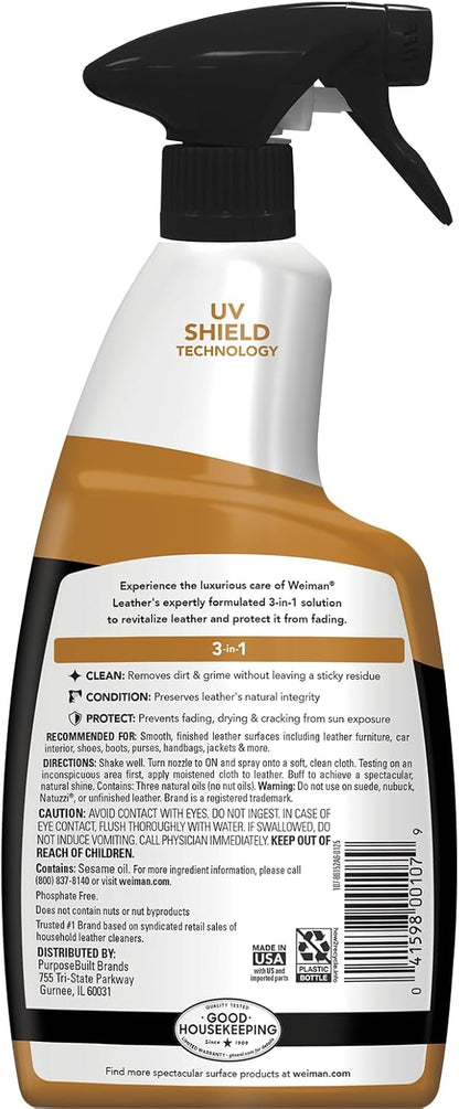Weiman Leather Cleaner & Conditioner - Cleans, Restores & Protects Leather, UV Protection Prevent Cracking & Fading, Auto, Sofas, Shoes, Bags & All Finished Leather Surfaces, 1 Pack, 12 Fl Oz