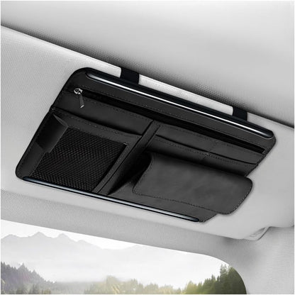 Car Sun Visor Organizer, Soft Leather Vehicle Sunshade Glasses Storage Bag with Net Zipper, Automotive Multi-Pocket Organizer for Drive License Card Glasses Document (Black)