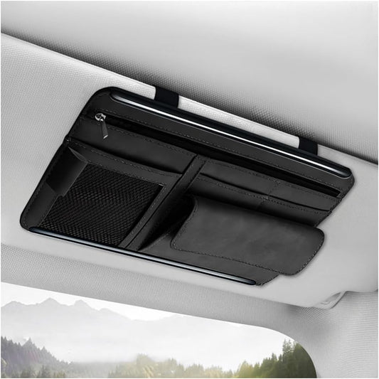 Car Sun Visor Organizer, Soft Leather Vehicle Sunshade Glasses Storage Bag with Net Zipper, Automotive Multi-Pocket Organizer for Drive License Card Glasses Document (Black)