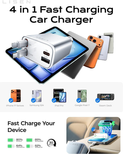 LISEN Retractable Car Charger, 84W Car Charger USB C Fast Charger, Cigarette Lighter USB Charger Adapter, Car Accessories Birthday Gifts for Men Women Dad Mom Husband, for iPhone 17 16 15 14 13 12 11
