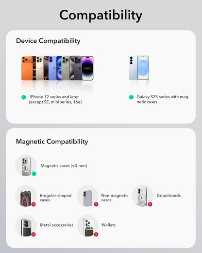 ESR for MagSafe Car Mount Charger,15W Magnetic Wireless Car Charger, for MagSafe Car Charging, Air Vent Dashboard Phone Holder Mount for iPhone Air 17 Pro Max 16 15 14 13 12, Galaxy S26, Fast Charging