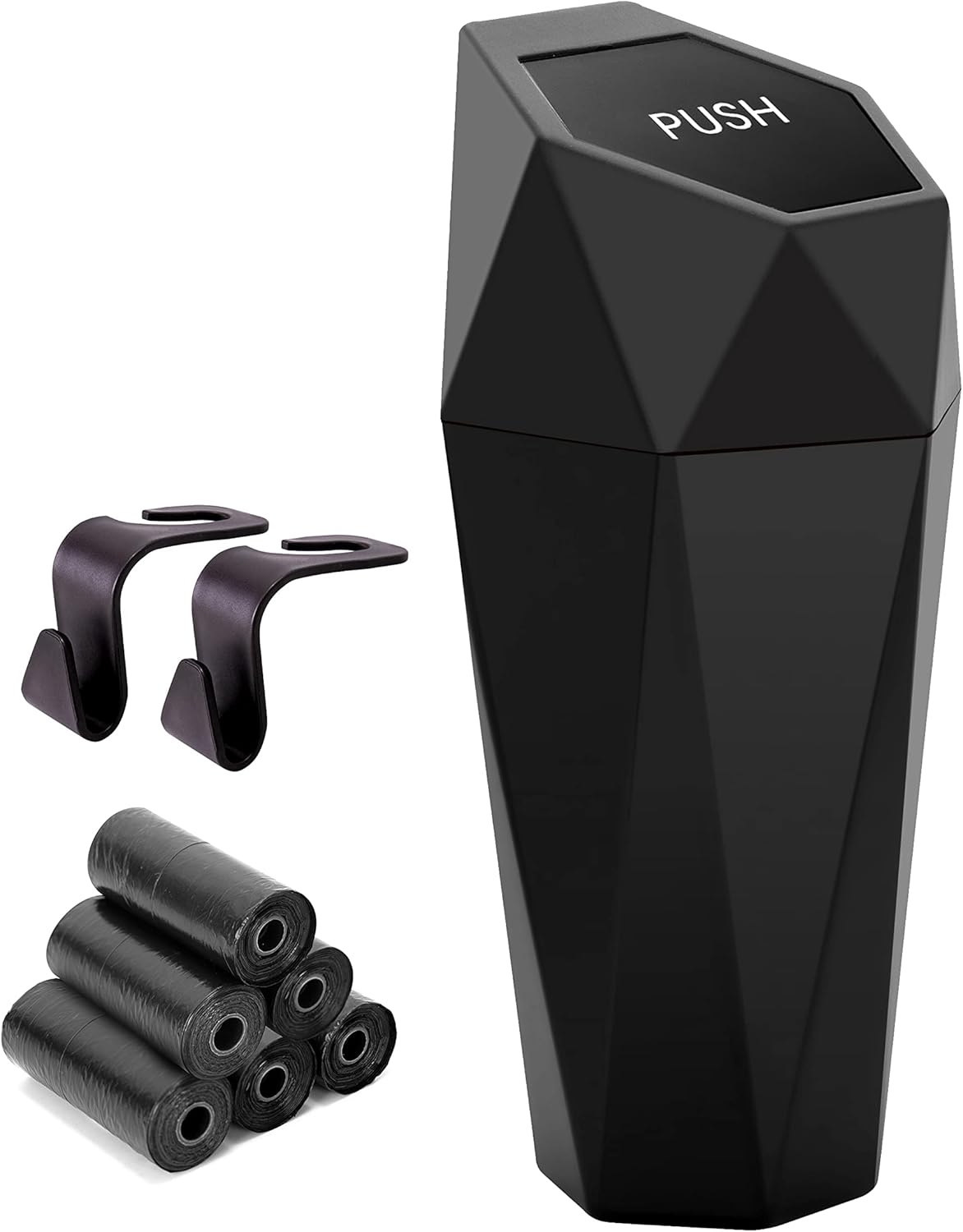 Ginsco Car Trash Can Cup Holder, 2 Pack Mini Trash Can with Lid, Car Accessories for Interior, Leakproof Small Trash Cup for Home with Additional 2 ABS Hooks and 90pcs Trash Bags Black