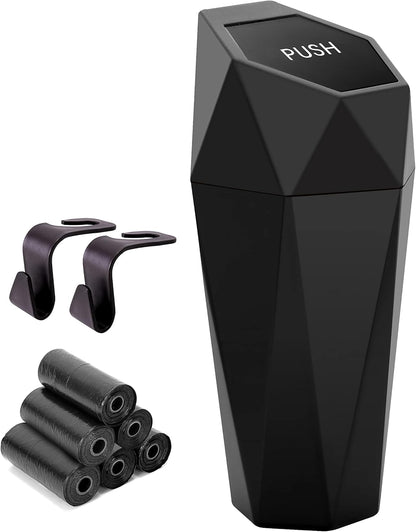 Ginsco Car Trash Can Cup Holder, 2 Pack Mini Trash Can with Lid, Car Accessories for Interior, Leakproof Small Trash Cup for Home with Additional 2 ABS Hooks and 90pcs Trash Bags Black