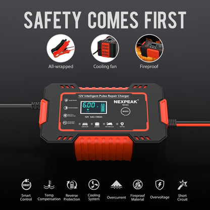 Car Battery Charger, 12V 6A Smart Battery Trickle Charger Automotive Battery Maintainer Desulfator with Temperature Compensation for Car Truck Motorcycle Lawn Mower Boat Marine Lead Acid Batteries