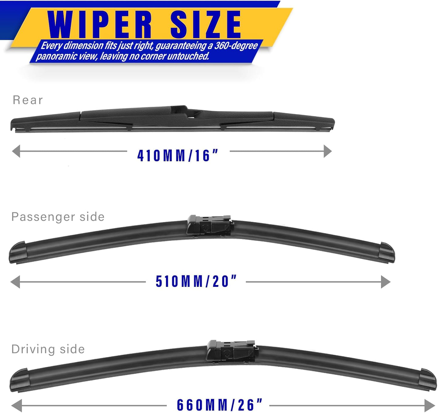 3 wipers Replacement for 2017-2021 2022 Honda CRV CR-V, Windshield Wiper Blades Original Equipment Replacement - 26"/17"/12" (Set of 3) U/J HOOK - Colors A