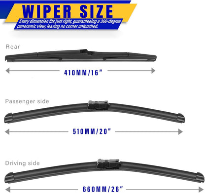 3 wipers Replacement for 2017-2021 2022 Honda CRV CR-V, Windshield Wiper Blades Original Equipment Replacement - 26"/17"/12" (Set of 3) U/J HOOK - Colors A
