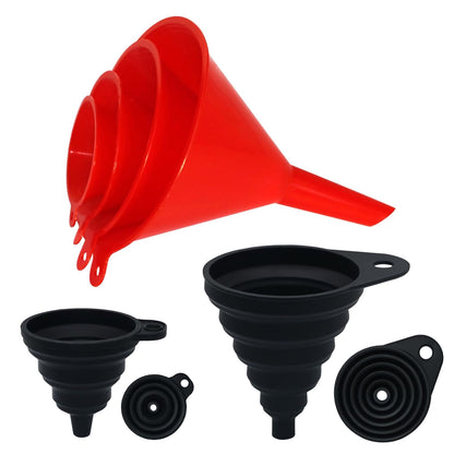 KongNai 4 Pieces Plastic Funnel Set for Kitchen and Automotive Use, Mini, Small, Medium and Large Funnel for Filling Bottles, Canning, Cooking, Lab or Car Oil Funnels (Red)