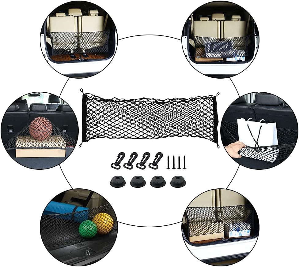Car Rear Cargo Net, Universal Adjustable Elastic Trunk Cargo Storage Organizer Net Compatible for SUV, Jeep, Truck, Storage Nylon Mesh Double-Layer with Hooks (35.4 x 15.7 Inch)