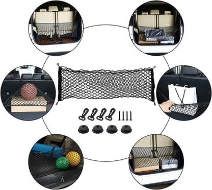 Car Rear Cargo Net, Universal Adjustable Elastic Trunk Cargo Storage Organizer Net Compatible for SUV, Jeep, Truck, Storage Nylon Mesh Double-Layer with Hooks (35.4 x 15.7 Inch)