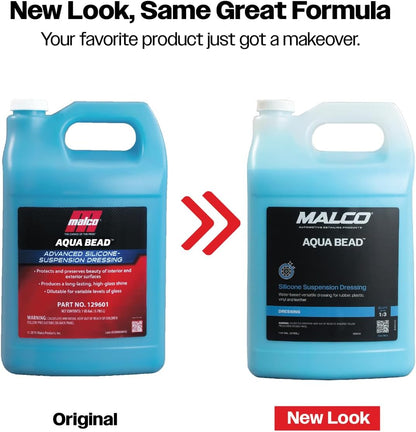 Malco Aqua Bead Water Based Dressing - Non-Greasy Interior and Exterior Dressing/Shines Car Tires, Rubber, Plastic and Trim/Concentrated Formula, Dilutable for Variable Gloss / 1 Gallon (129601)