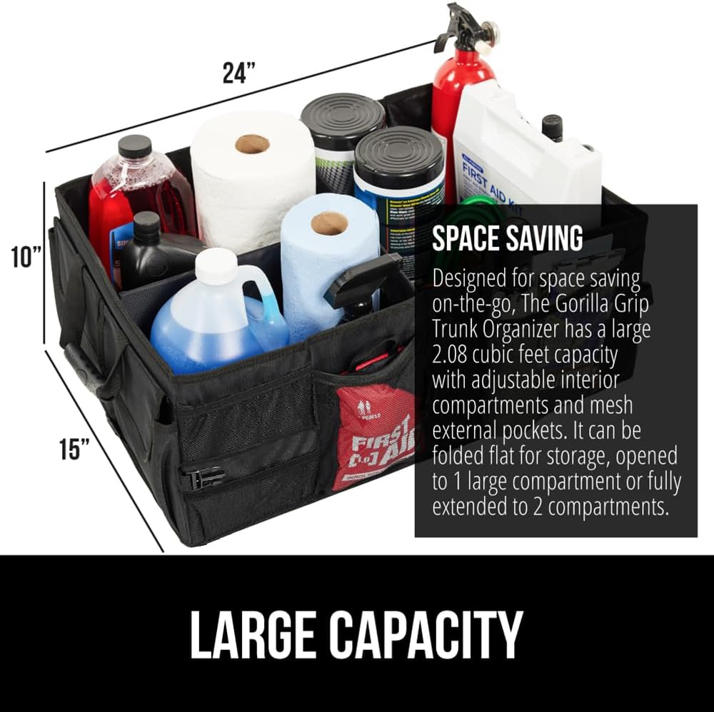 GORILLA GRIP Trunk Organizer for SUV and Cars, Large Capacity Collapsible Car Trunk Storage Organizer, Heavy Duty Car Accessories, Gifts for Mom and Dad, Slip & Water Resistant Multi Compartment Black