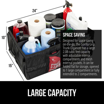 GORILLA GRIP Trunk Organizer for SUV and Cars, Large Capacity Collapsible Car Trunk Storage Organizer, Heavy Duty Car Accessories, Gifts for Mom and Dad, Slip & Water Resistant Multi Compartment Black
