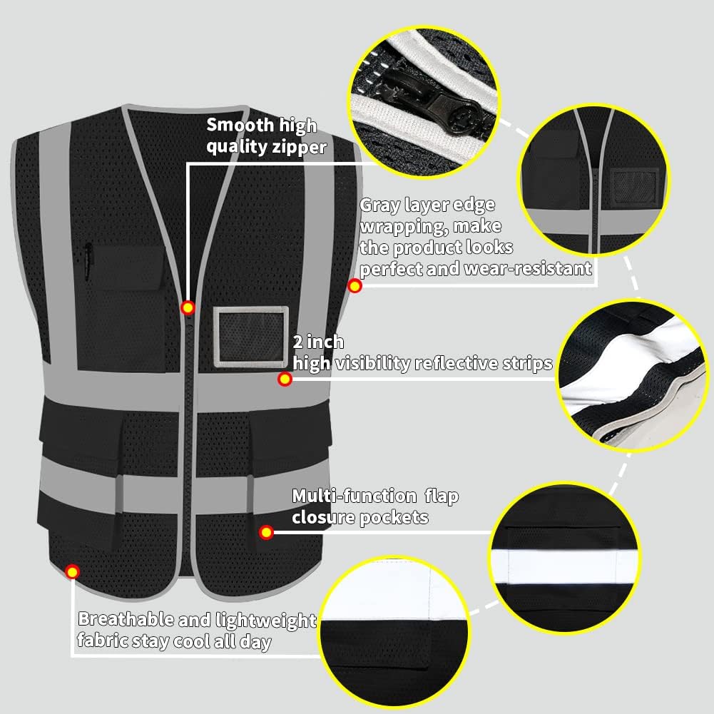 HYCOPROT High Visibility Mesh Safety Reflective Vest with Pockets and Zipper, Meets ANSI/ISEA Standards