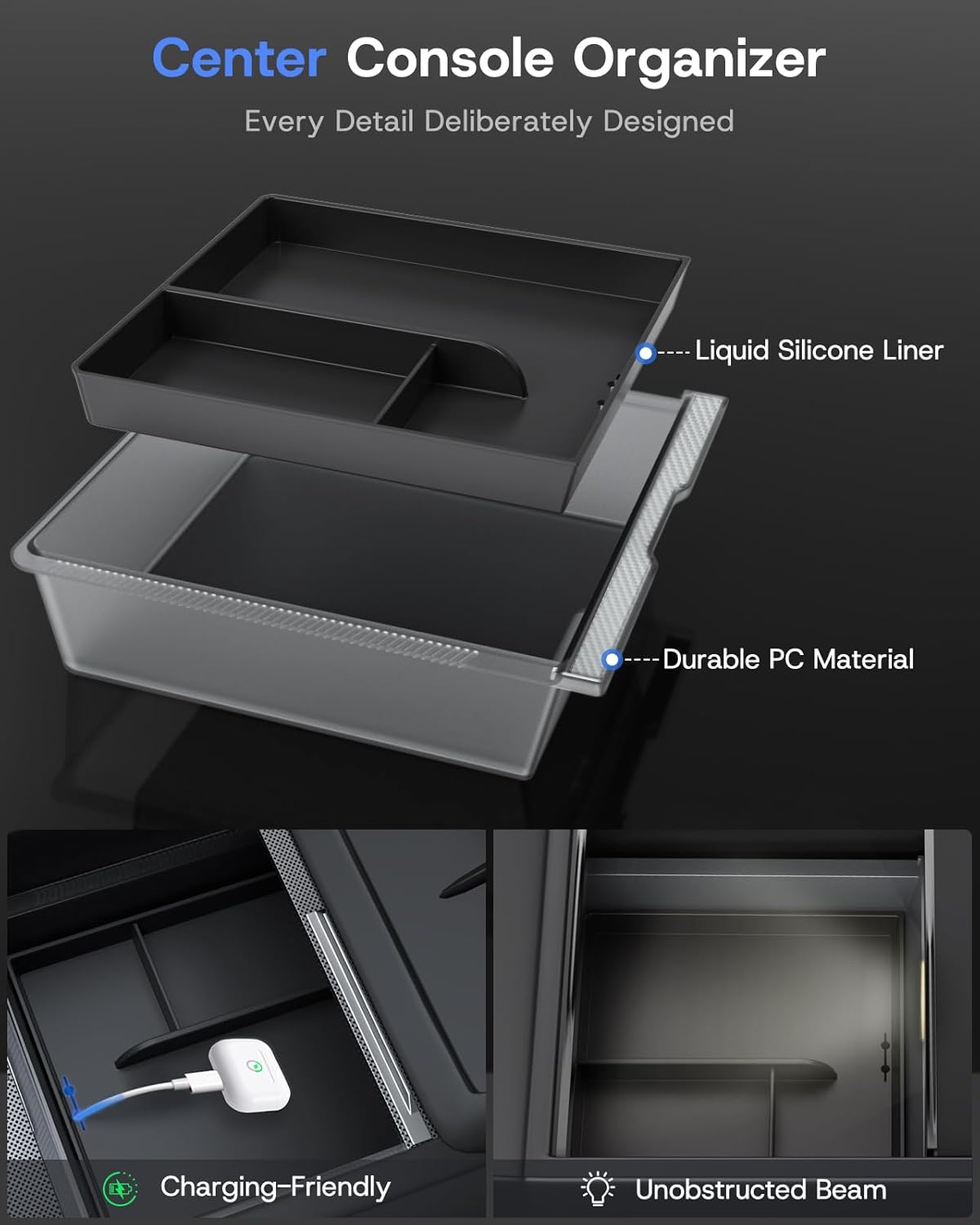 Center Console Organizer Tray for Tesla Model Y Juniper 2026 2025 (Premium & Performance), 8PCS - PC Material & Silent Silicone Armrest Storage Box Bottom Liners Wireless Charging Pad Cup Holder