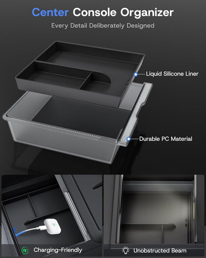 Center Console Organizer Tray for Tesla Model Y Juniper 2026 2025 (Premium & Performance), 8PCS - PC Material & Silent Silicone Armrest Storage Box Bottom Liners Wireless Charging Pad Cup Holder