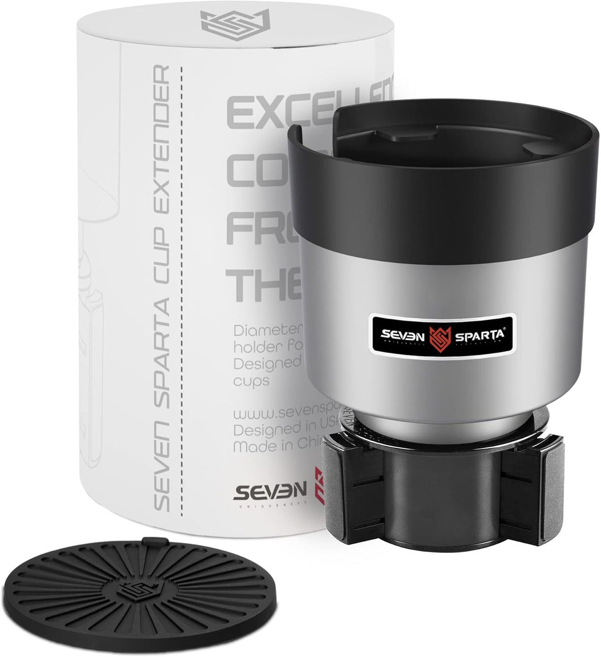 Seven Sparta Car Cup Holder Expander with Offset Adjustable Base, Compatible with Hydro Flasks 32/40 Ounce, Compatible with Yeti Ramblers 20/26/30 Ounce, Other Bottles in 3.4"-3.8" (Black)