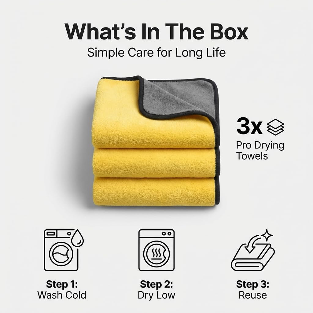 Microfiber Towels for Cars - 15.7" x 15.7" inches, Highly Absorbent Professional Grade Drying Towel Set for Superior Cleaning and Drying Performance - Car Drying & Kitchen Towel - Pack of 3