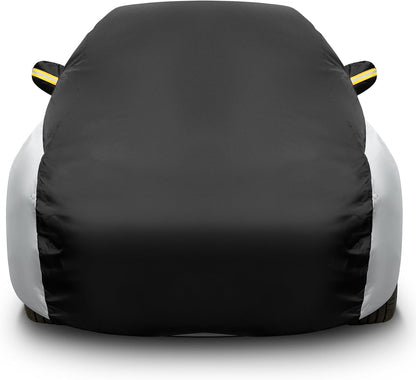 Riakrum Full Car Cover Waterproof All Weather for Automobiles Windproof Cover Rain UV Protection Sun Scratch Resistant Outdoor Universal(Fit Sedan Length (185-193'') 70'' H,Black, Orange)