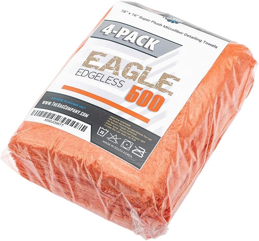 The Rag Company - Eagle Edgeless 500 (4-Pack) Professional Korean 70/30 Blend Super Plush Microfiber Detailing Towels, 500GSM, 16in x 16in, Blue