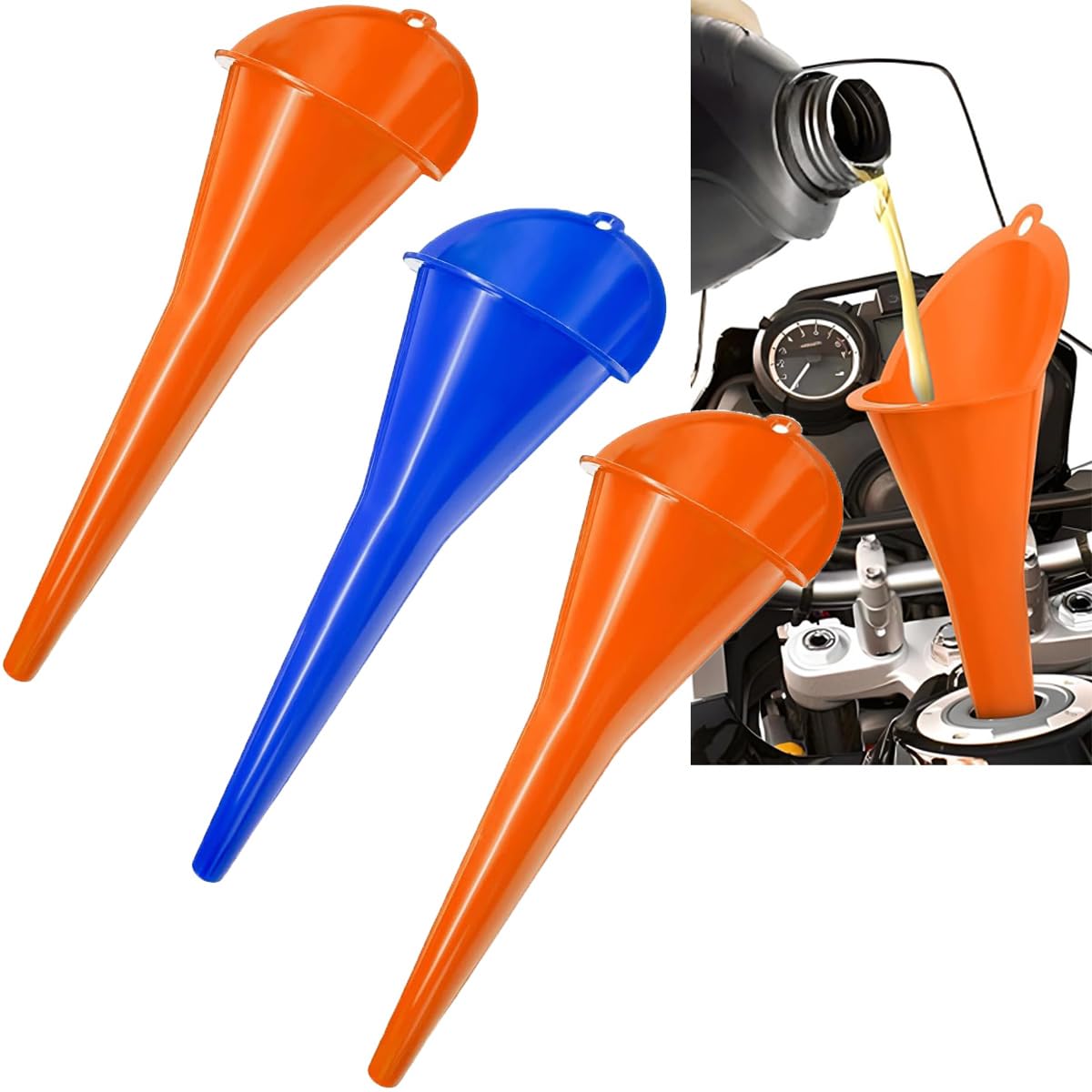 3-Pack Long-Neck Oil Funnels, 11" Multi-Purpose Funnels for Automotive & Motorcycle Use – Reusable Funnel for Oil, Gas & Transmission Fluid (Orange&Blue&Black)